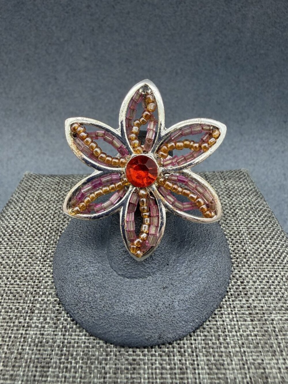 Beaded Flower Cocktail Ring 2 In Red Rhinestone Silver Adjustable Floral Vintage